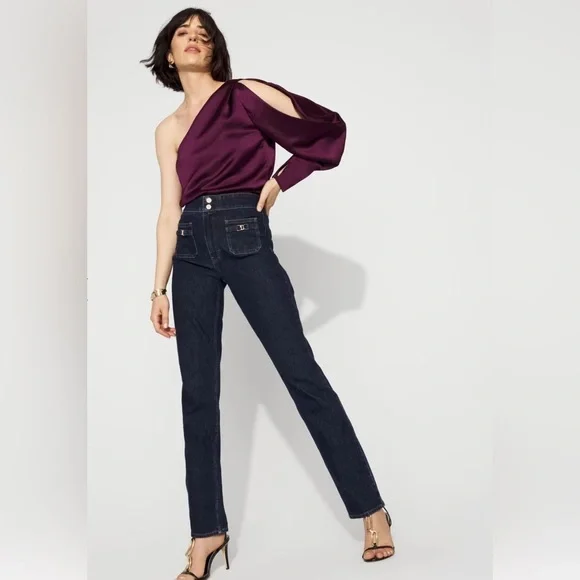 White House Black Market One-Shoulder Satin Blouse 
Rich Plum - NWT - Picture 2 of 8